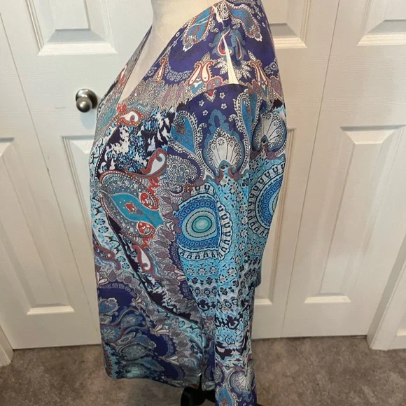 Chicos Size M V-Neck Paisley Print Tunic Top - Blue - Picture 8 of 15